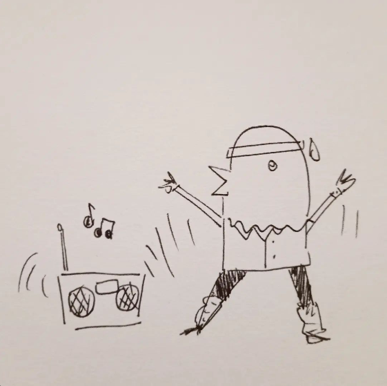 A black and white drawing of a seagull dancing to music coming from a boombox