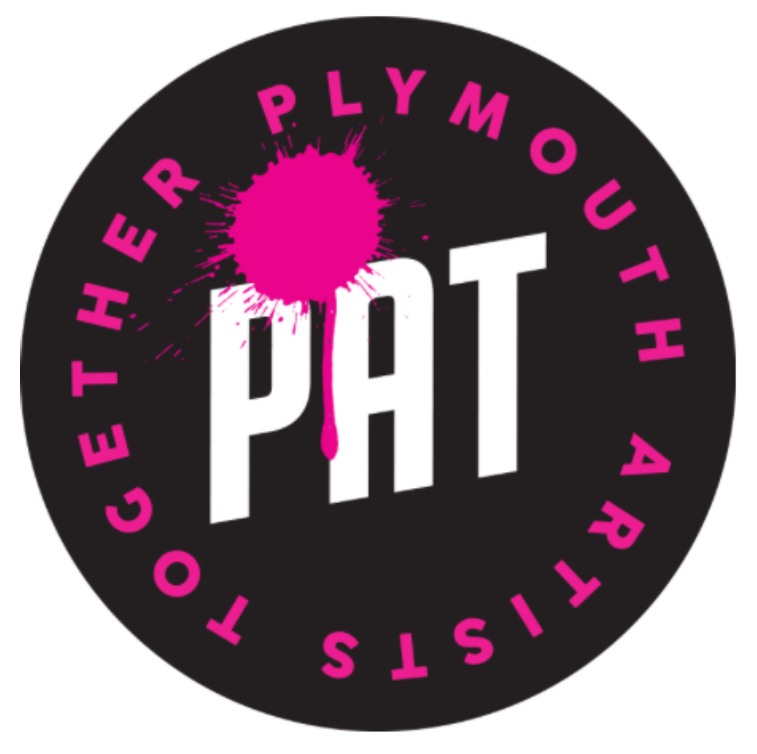 A black logo with the word PAT in light, surrounded by the title Plymouth Artists Together in pink, and a pink splatter of paint over the PAT